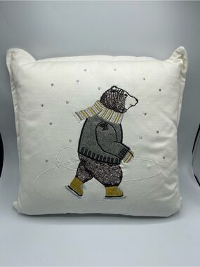 Threshold Embroidered Ice Skating Bear Pillow - White, Gray, Brown, Mustard